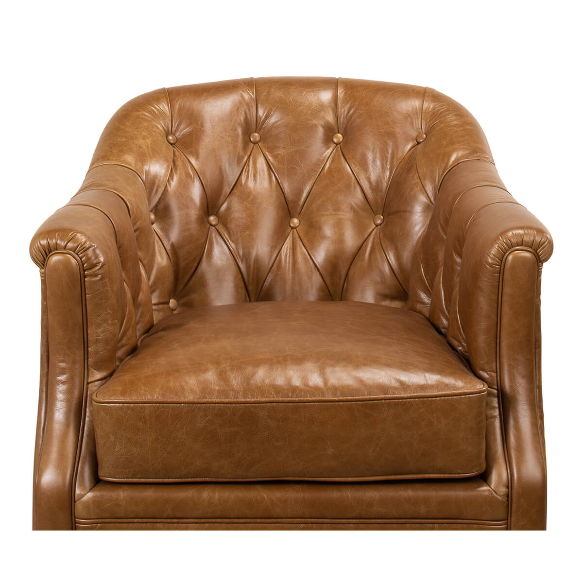 Brown tufted armchair, detailed front view, button design.