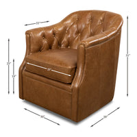 Dimensions of brown tufted armchair, labeled measurements.