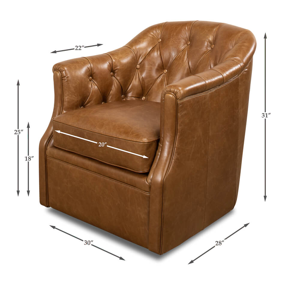 Dimensions of brown tufted armchair, labeled measurements.