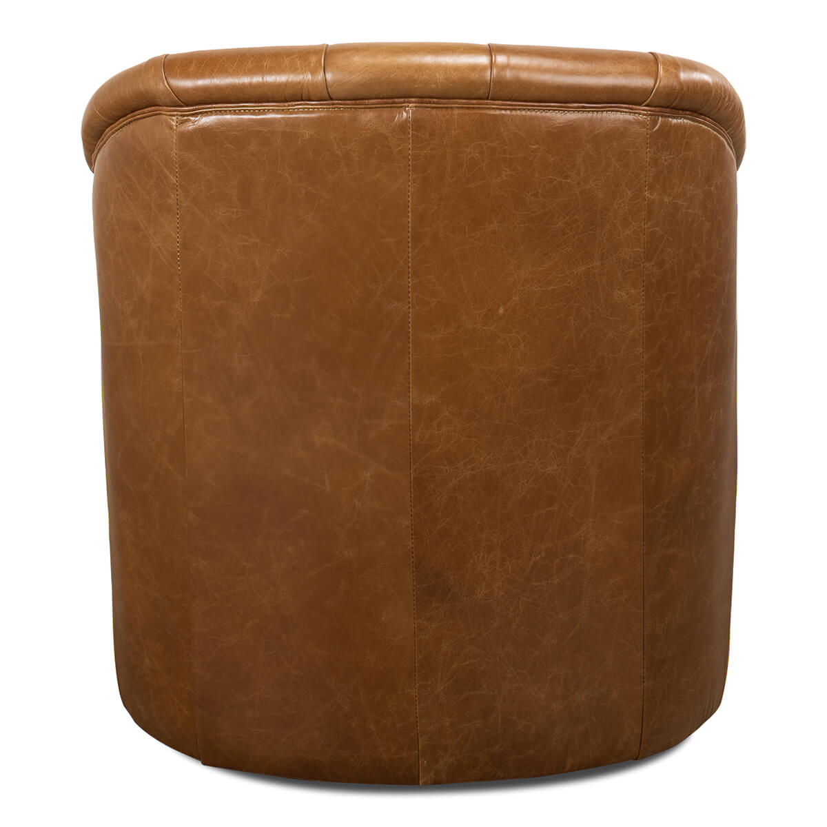 Brown tufted armchair, back view showcasing upholstery.