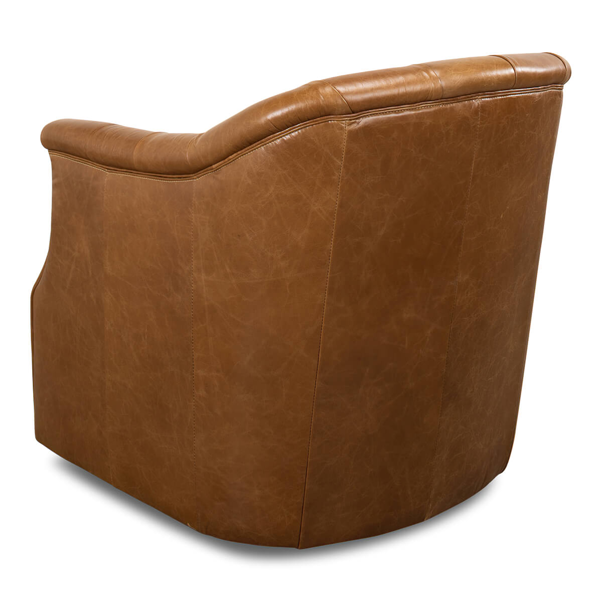 Brown tufted armchair, rear side view, leather texture.