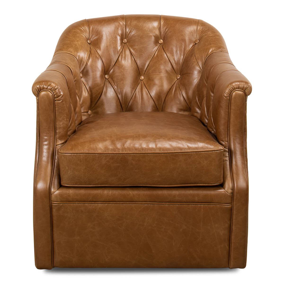 Brown tufted armchair, front view, button detailing.