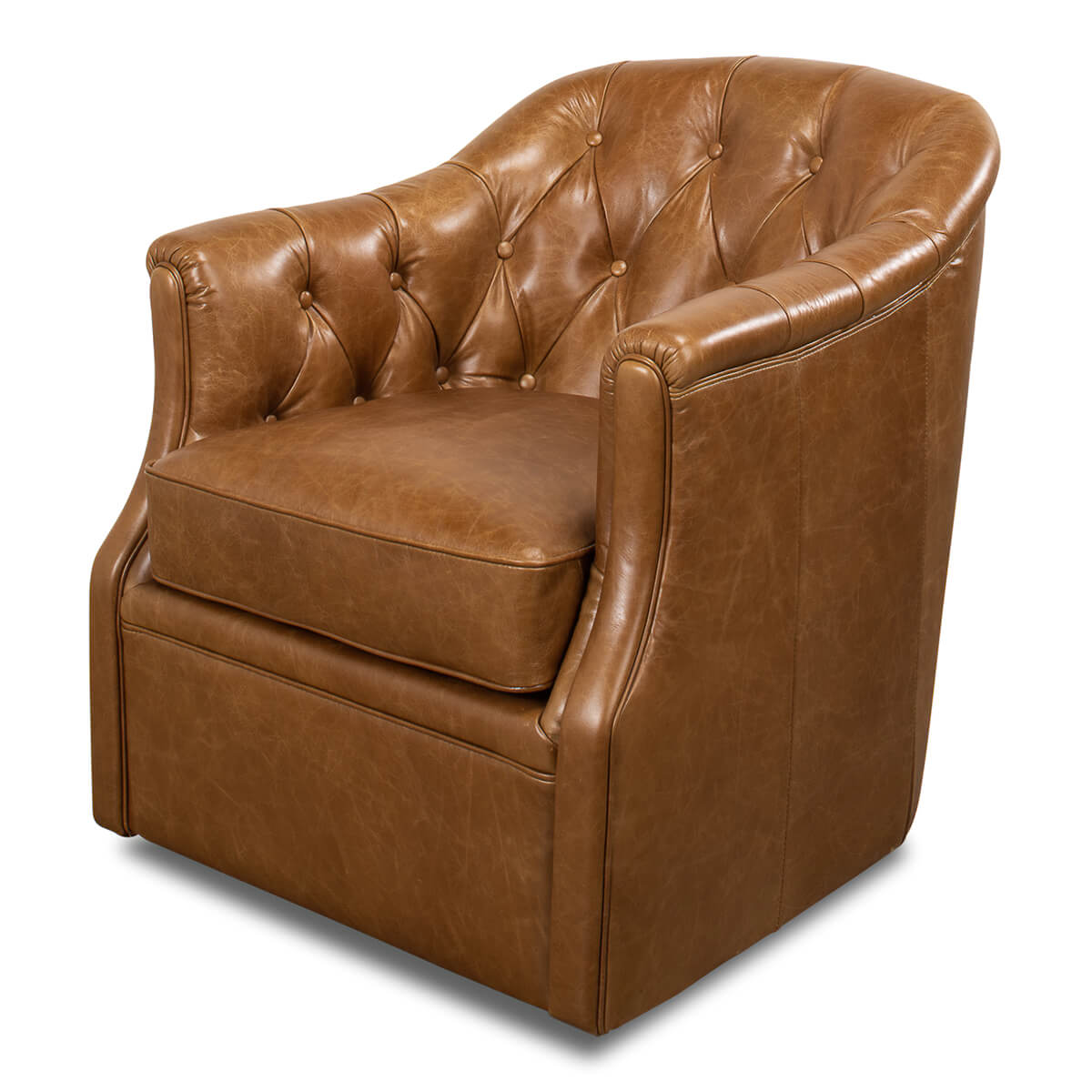 Brown tufted armchair, front-left view with cushion.