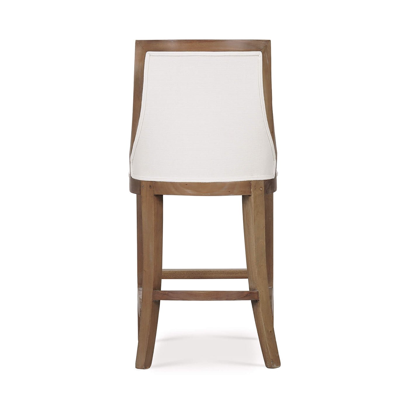 Back view of counter stool, white upholstered backrest.