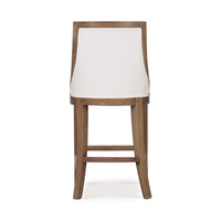 Back view of counter stool, white upholstered backrest.