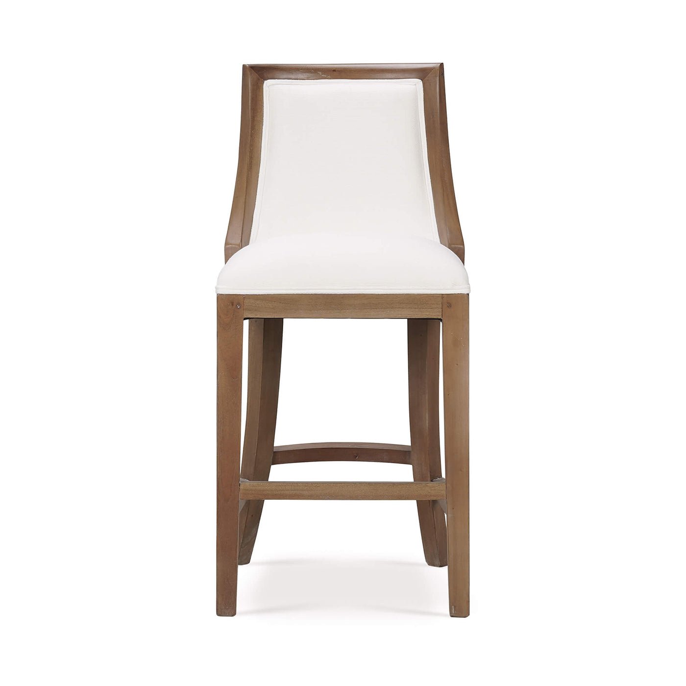 Front view of upholstered counter stool, wooden legs.