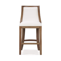 Front view of upholstered counter stool, wooden legs.