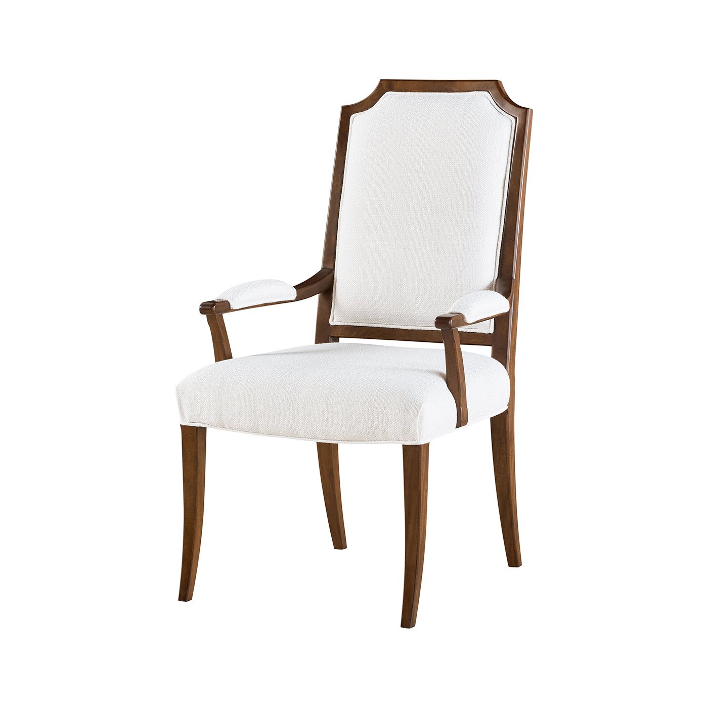 Front view of classic upholstered dining armchair.
