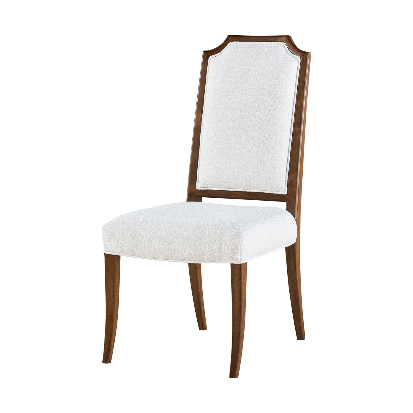 White upholstered dining chair with wooden frame, angled view.
