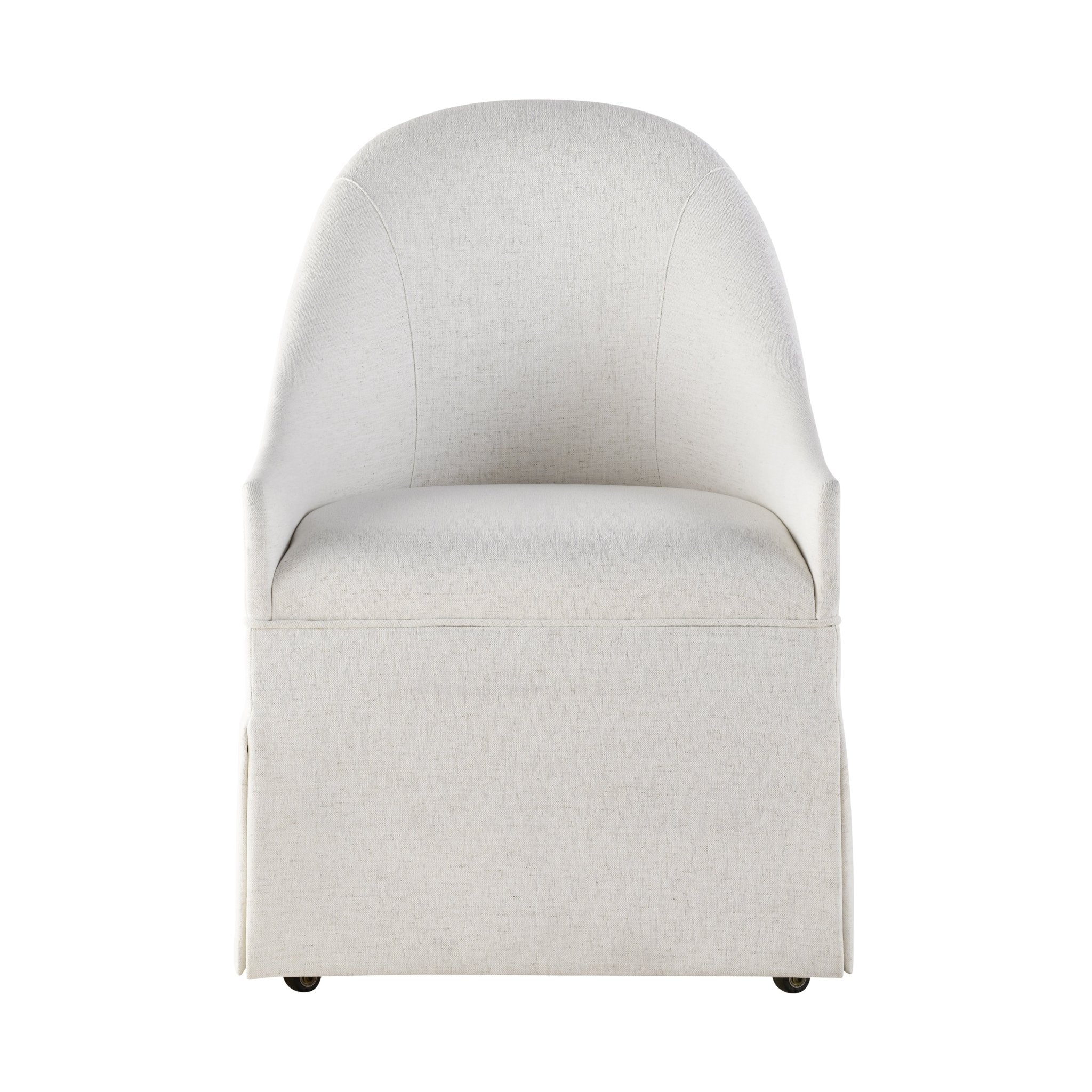 Front view of white skirted dining chair on plain backdrop.