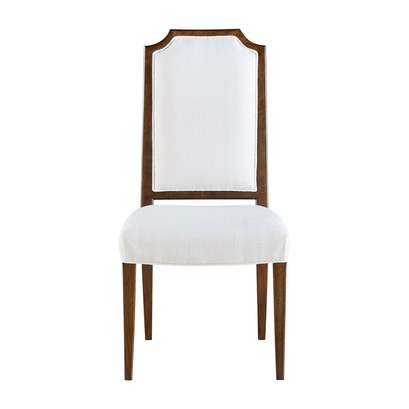 Front view of a white upholstered dining chair.