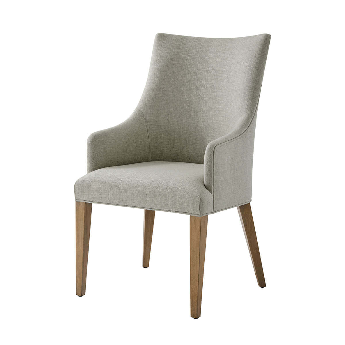 Classic upholstered armchair, front view, wooden legs.