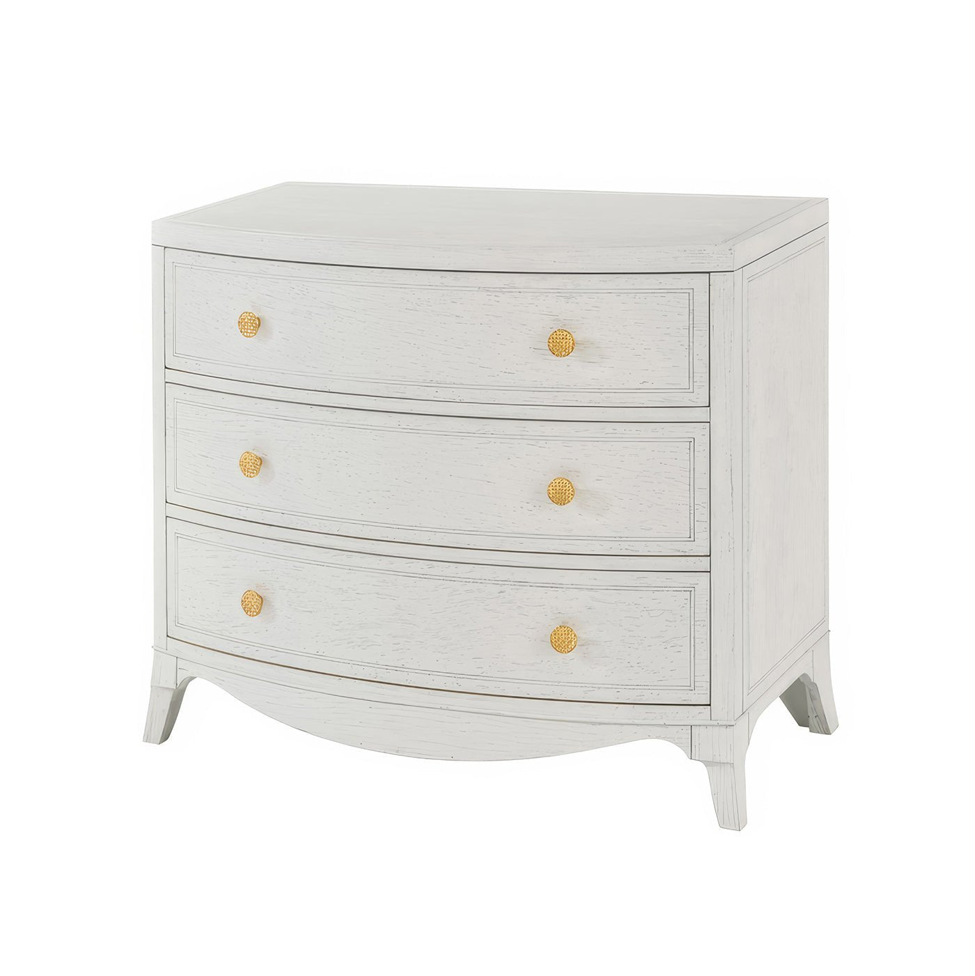 White bedside chest front view with brass knobs.