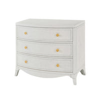 White bedside chest front view with brass knobs.