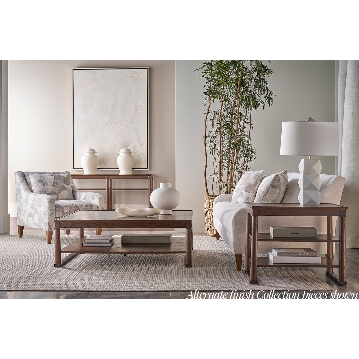 Rectangular coffee table in bright living room setting.
