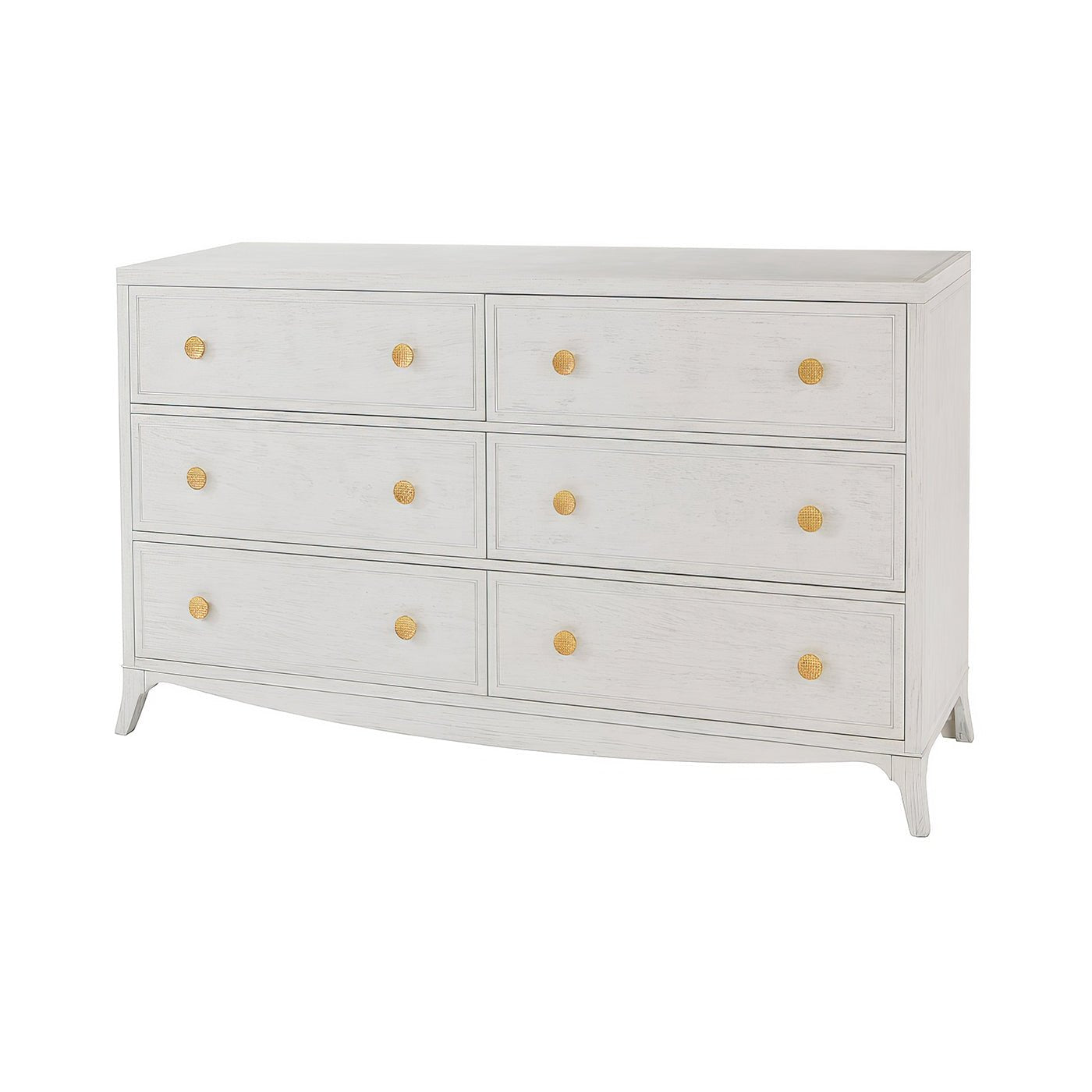White double dresser with gold knobs, front view.