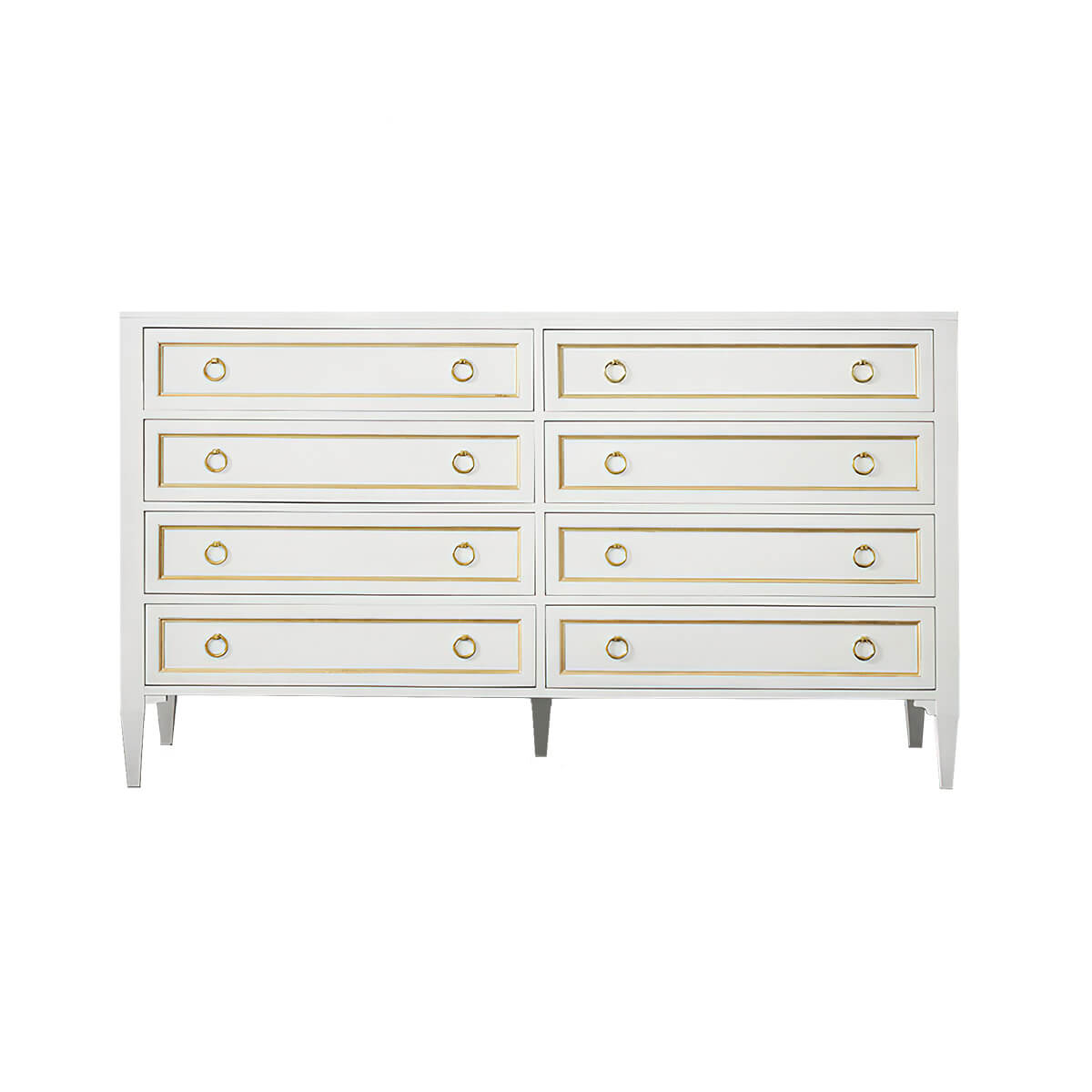 Frontal view of white dresser, gold detailing.