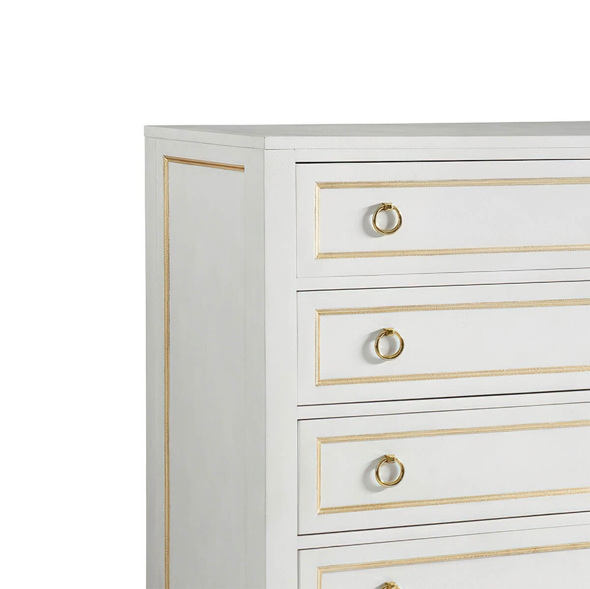 Close-up of dresser drawer handles and trim.