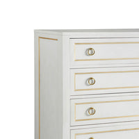 Close-up of dresser drawer handles and trim.