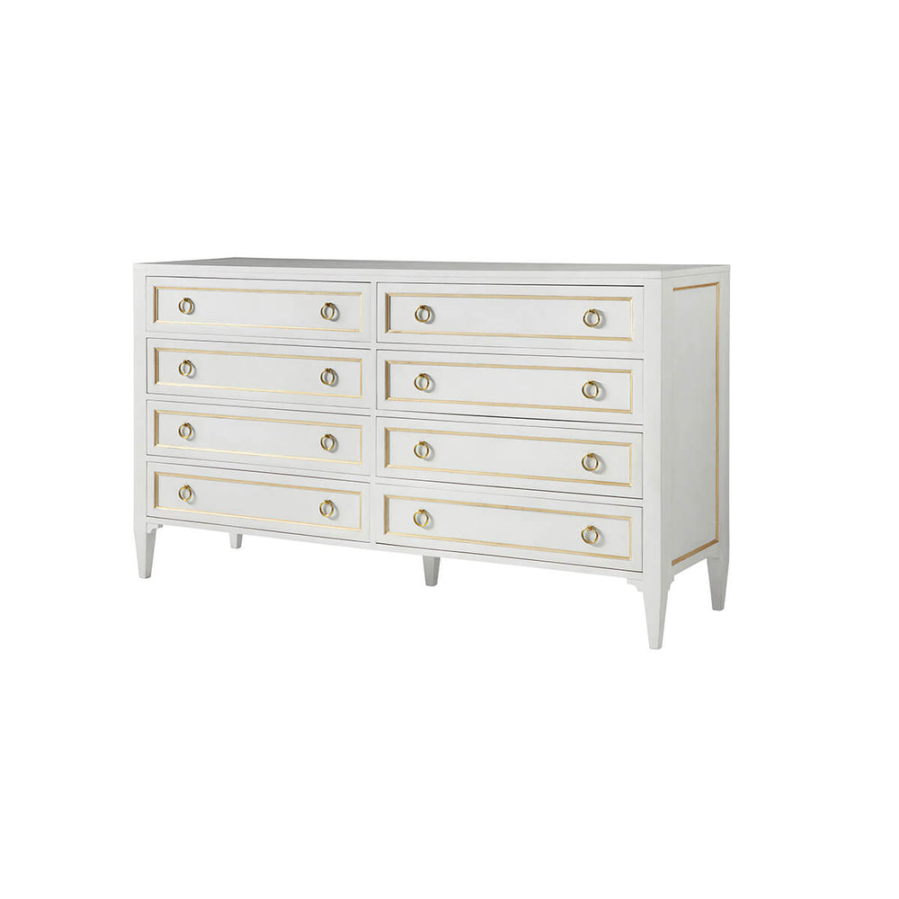 White dresser angled view with gold accents.
