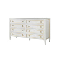 White dresser angled view with gold accents.