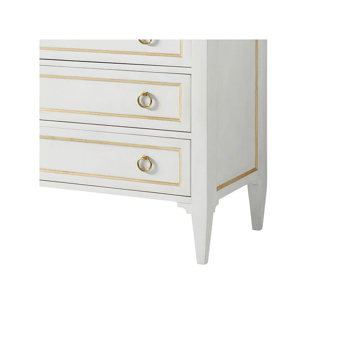 Dresser leg and lower drawers, gold trimming detail.