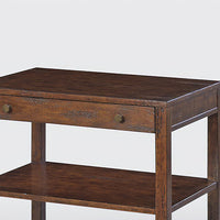 Close-up of mahogany side table top and drawer detail.
