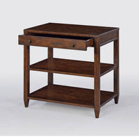 Mahogany side table with open drawer, two shelves visible.