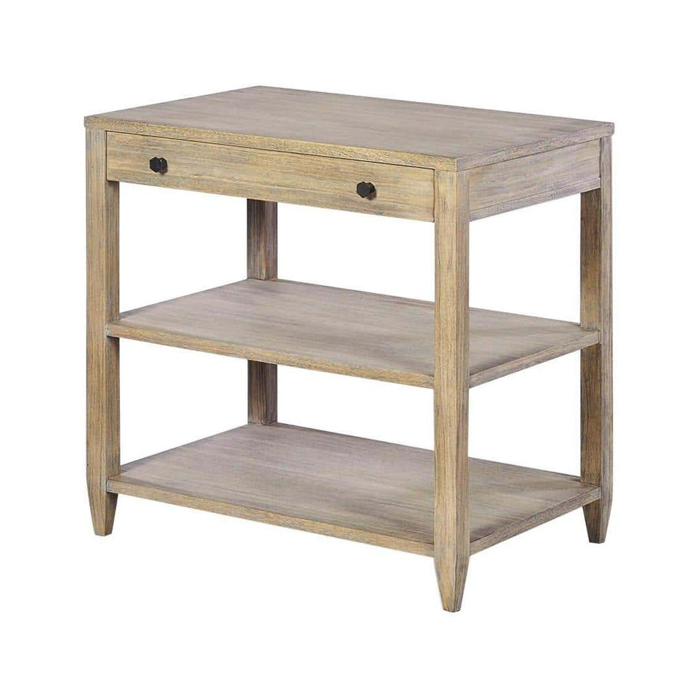 Rustic greyed wide side table, front view, full table.