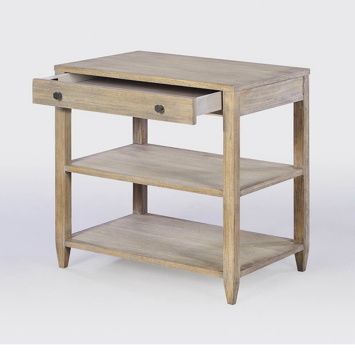 Wide side table, open drawer, rustic finish, three shelves.