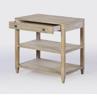 Wide side table, open drawer, rustic finish, three shelves.