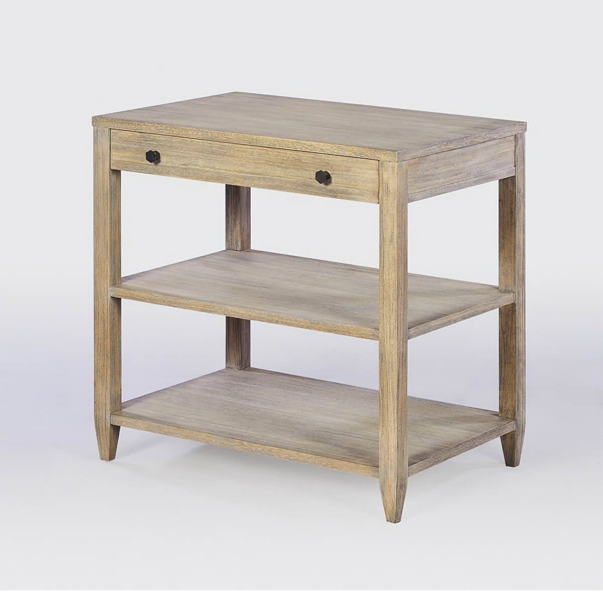 Wide side table, angled view, rustic greyed finish.