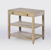 Wide side table, angled view, rustic greyed finish.