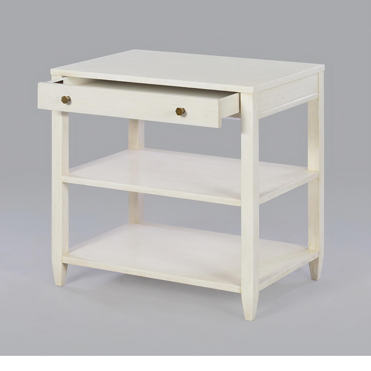 Side table with open drawer, shows interior detail.