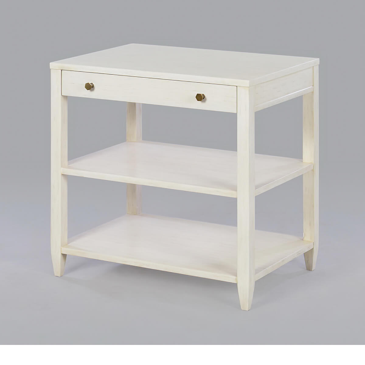 Wide side table, full view, rustic white finish.