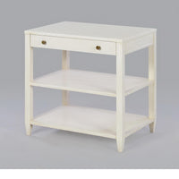 Wide side table, full view, rustic white finish.