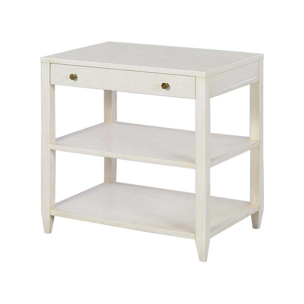 Rustic white side table with drawer and shelves.