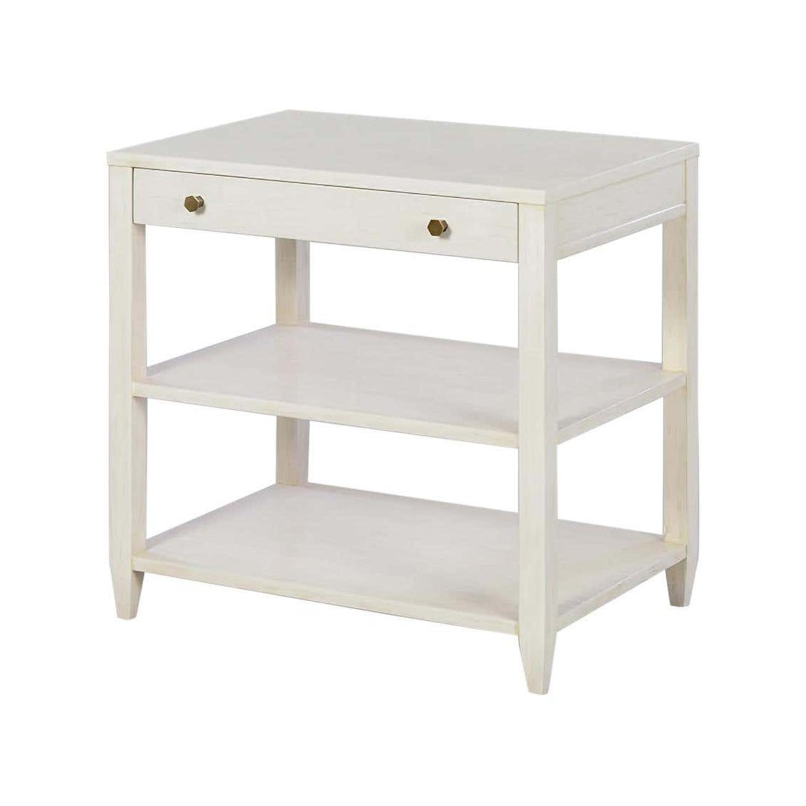 Rustic white side table with drawer and shelves.