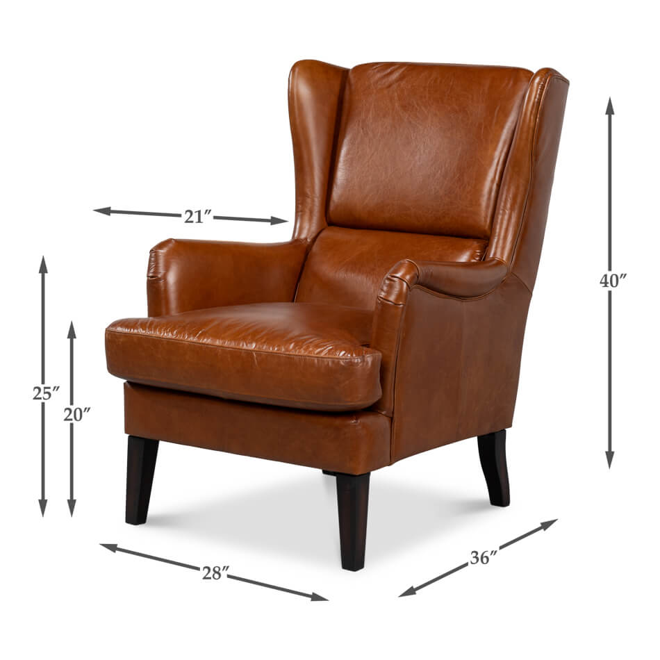Wingback chair with dimensions for size reference.