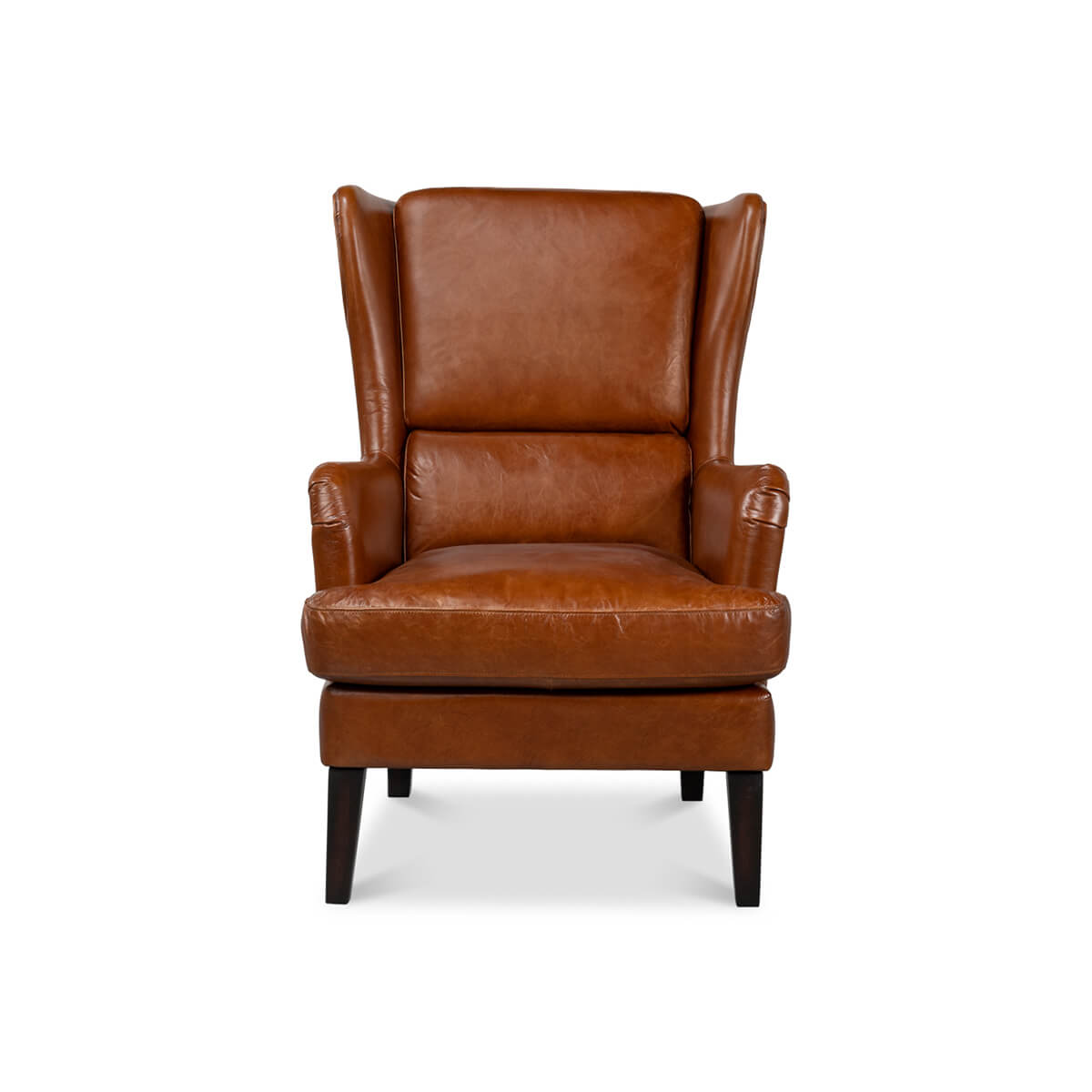 Front view of classic wingback leather chair.