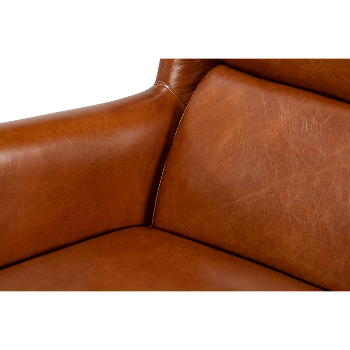 Close-up of armrest and cushion on leather chair.