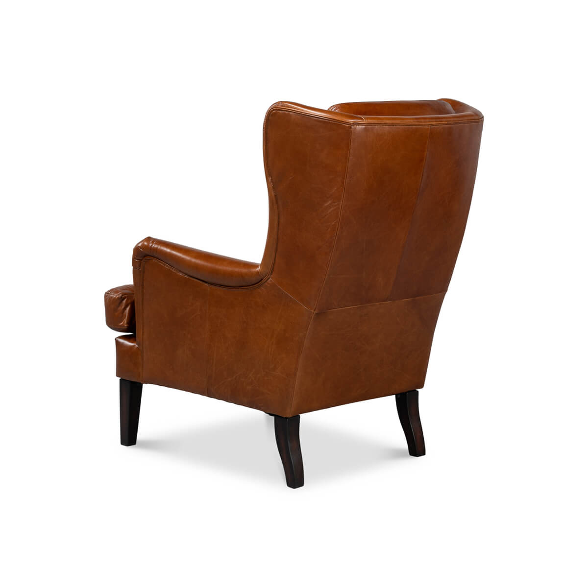 Rear side angle of classic leather wingback chair.