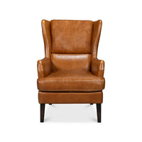 Front view of a classic brown leather wingback chair.