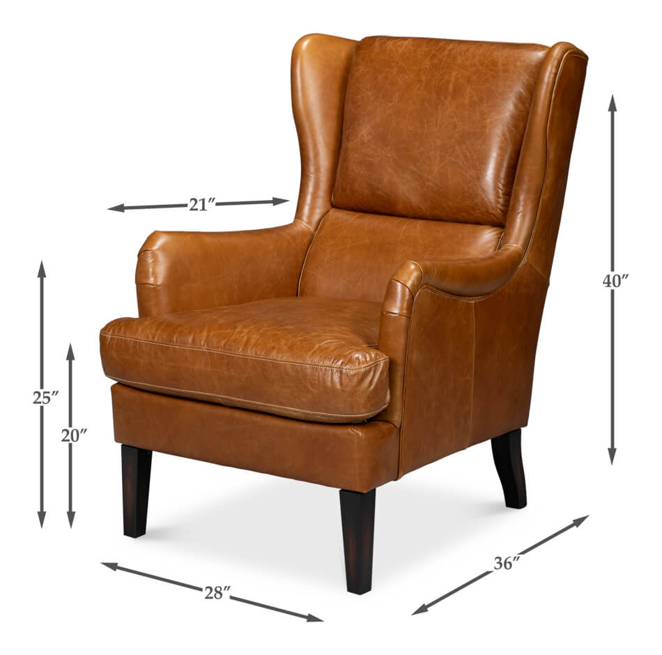 Dimensions of brown leather wingback chair displayed.