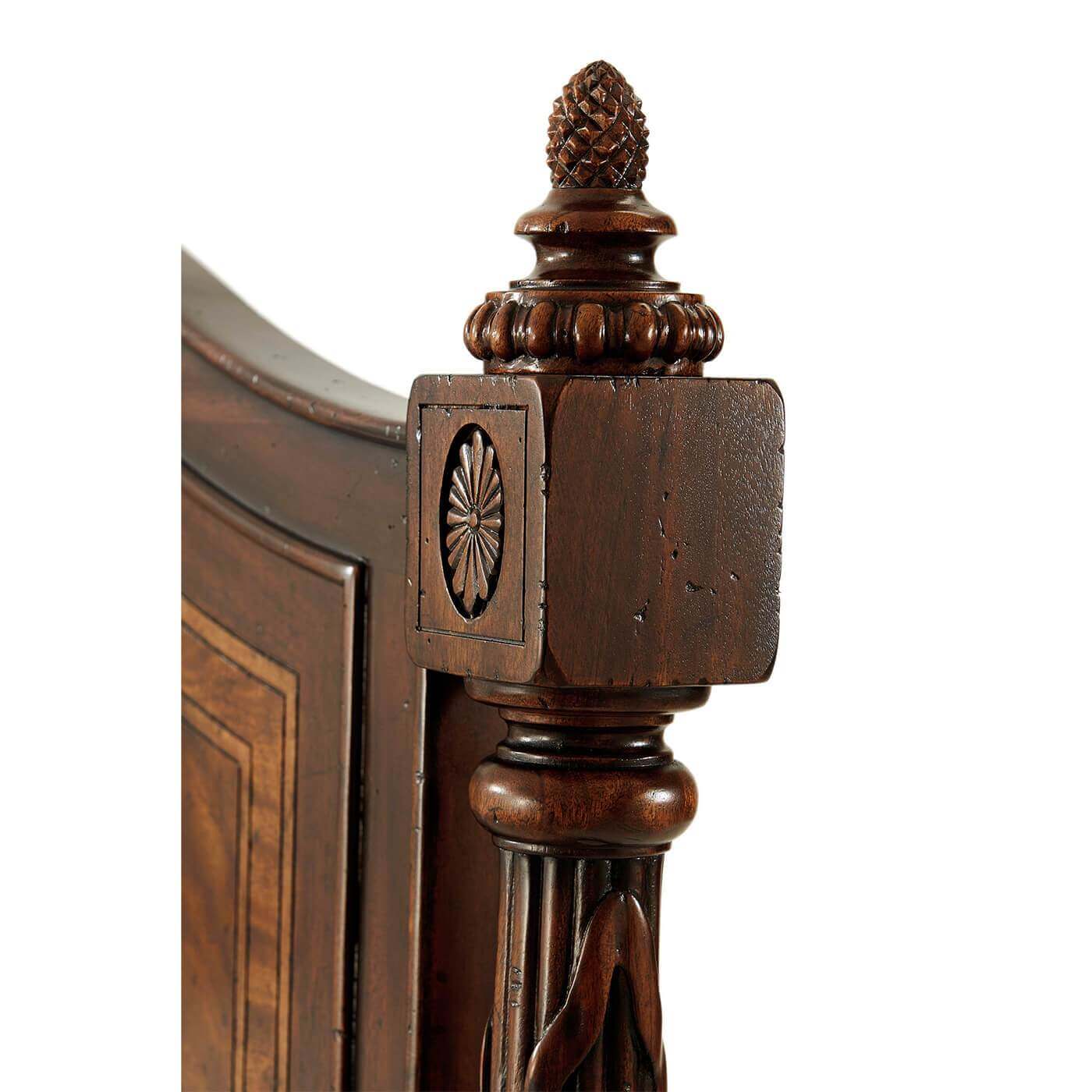 Classical queen size bed, carved wood post detail.