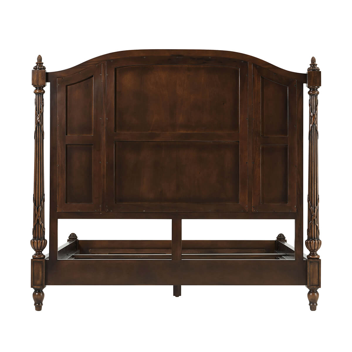 Classic queen size bed, detailed headboard back view.