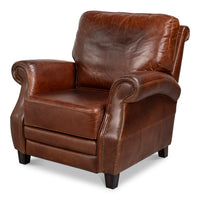 Brown leather recliner with traditional club chair styling