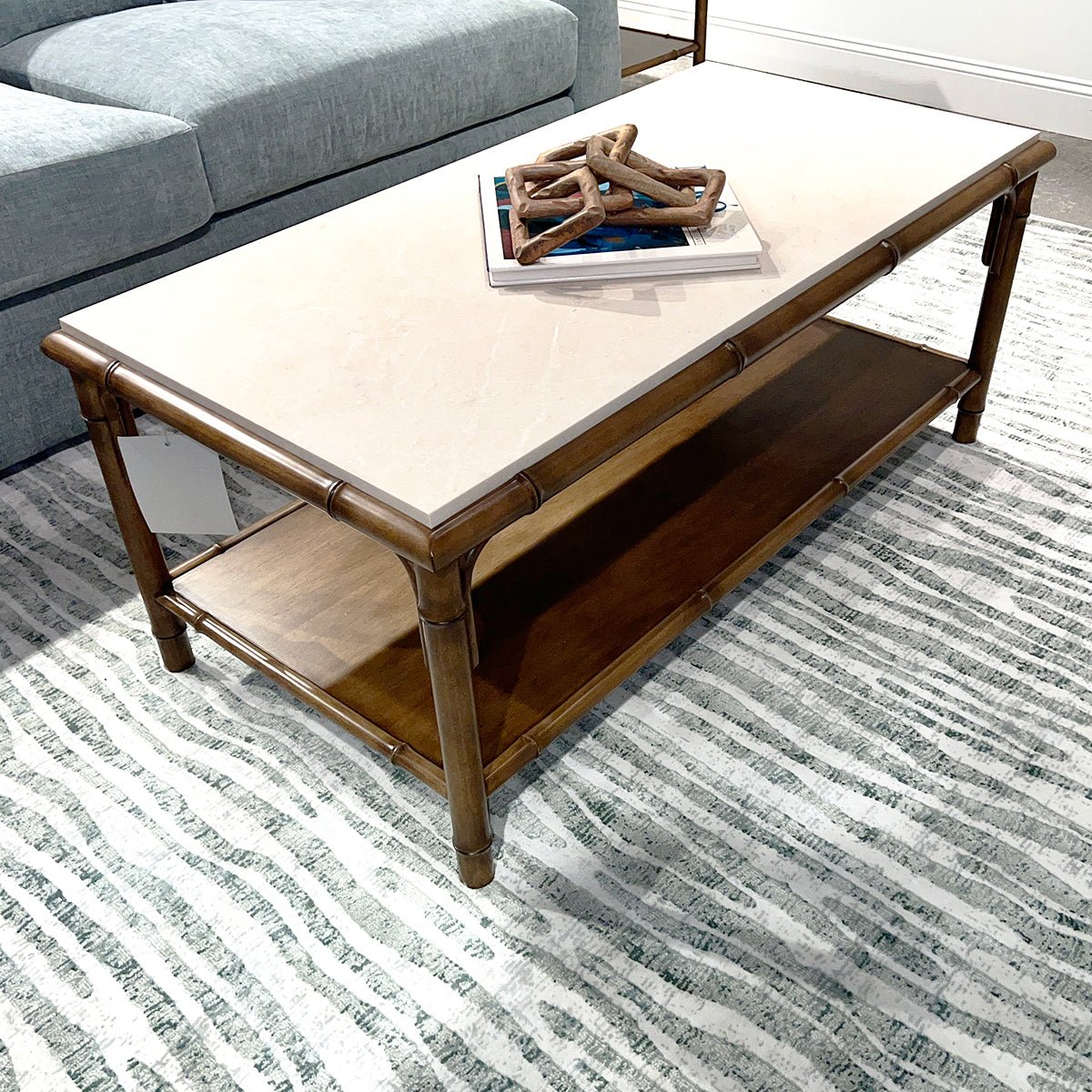 Angle view of bamboo coffee table in modern living space.