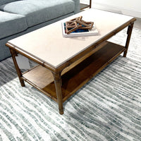 Angle view of bamboo coffee table in modern living space.