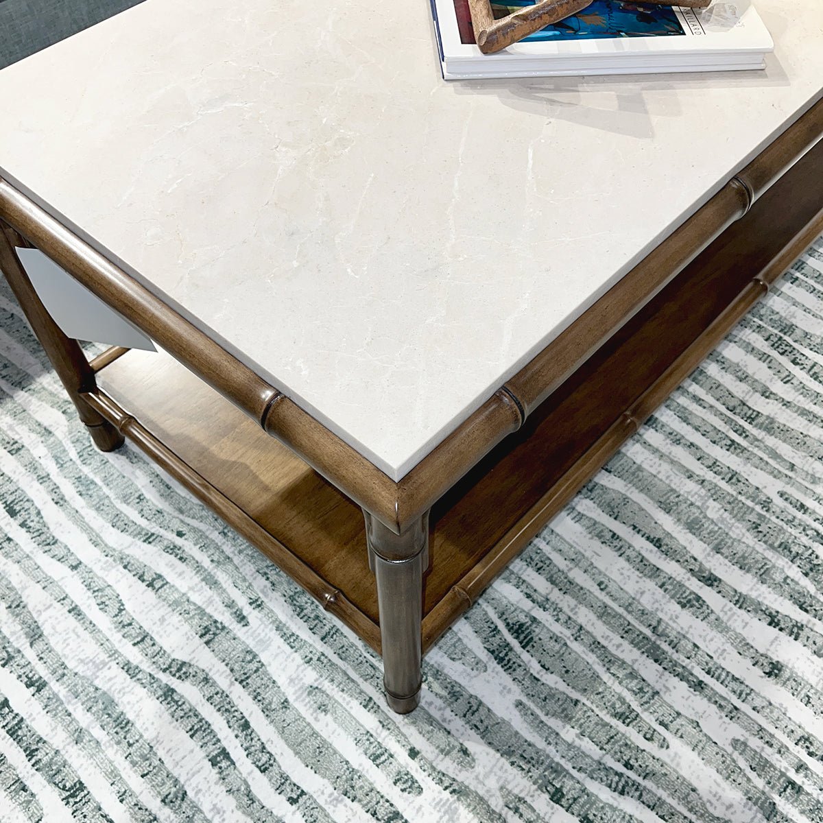 Close-up of bamboo coffee table corner and tabletop.